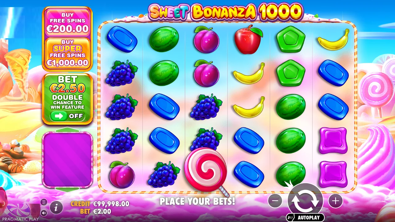 Sweet Bonanza 1000 live gameplay showing winning combinations, tumbling symbols, and multiplier effects in action