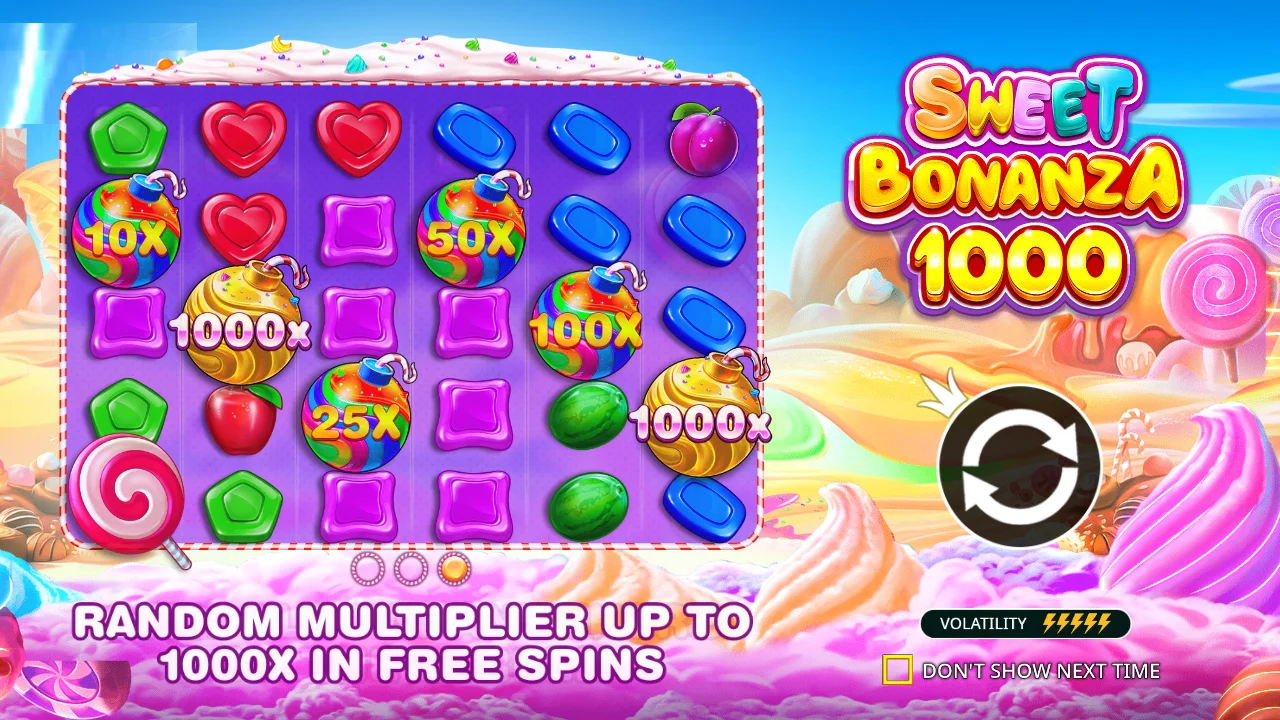 Sweet Bonanza 1000 welcome screen showcasing game features, symbols, and multiplier information