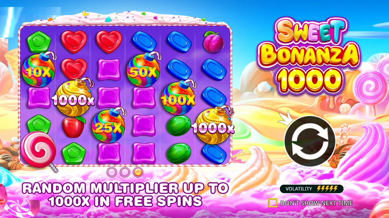 Sweet Bonanza 1000 winning spin showing symbol matches, multiplier bombs, and total payout calculation