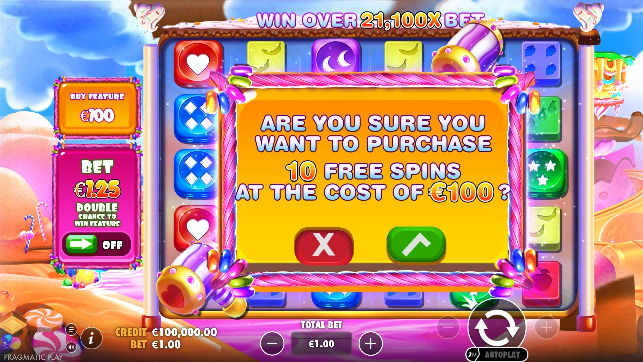 Sweet Bonanza Dice Buy Feature popup - purchase 10 free spins directly