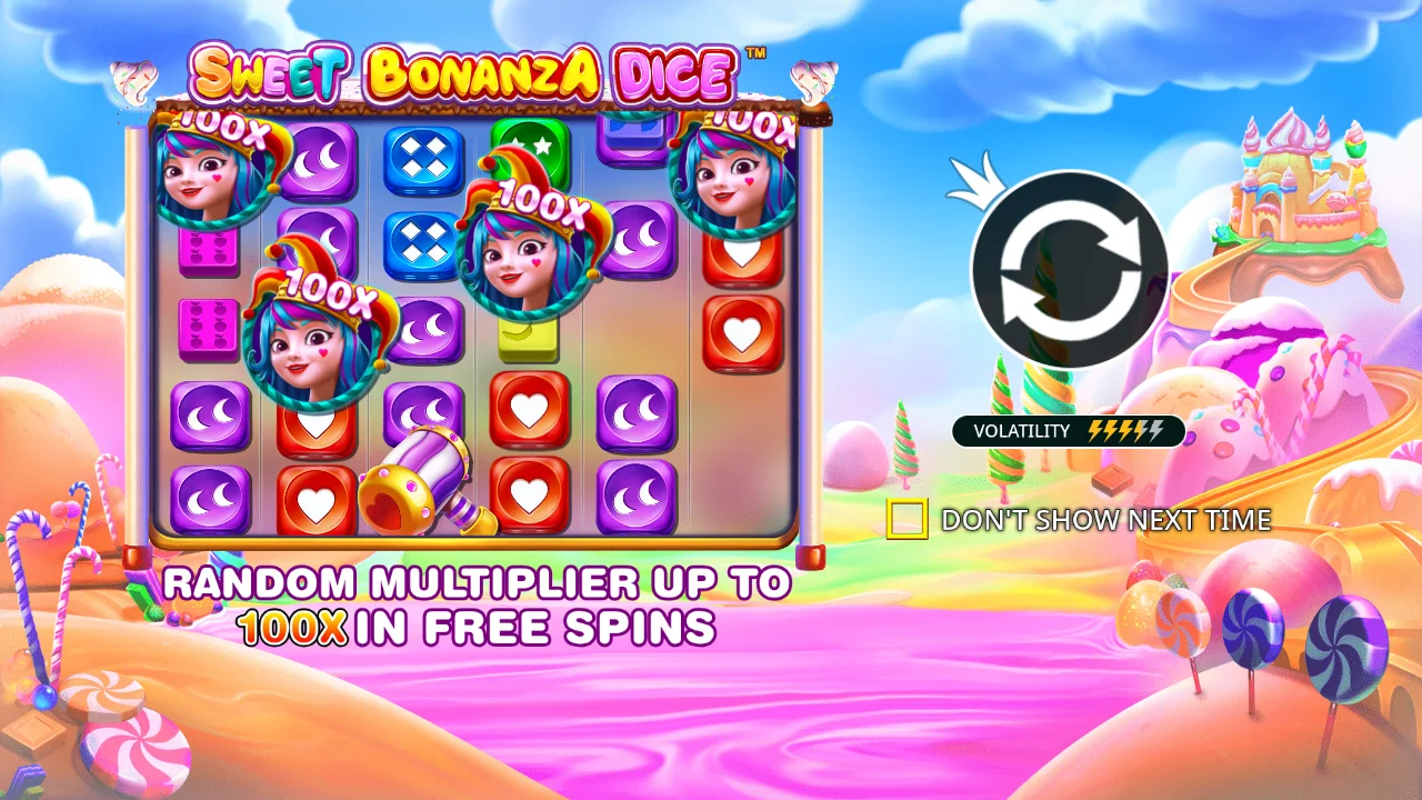 Sweet Bonanza Dice welcome screen showcasing game features, symbols, and multiplier information