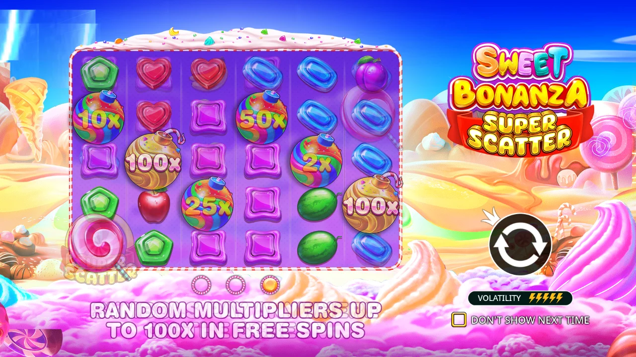 Sweet Bonanza Super Scatter welcome screen showcasing game features, symbols, and multiplier information