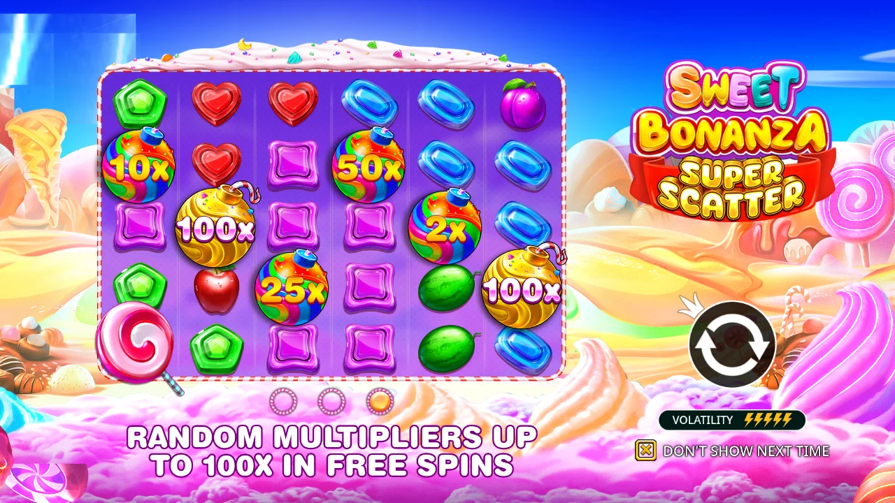 Sweet Bonanza Super Scatter winning spin showing symbol matches, multiplier bombs, and total payout calculation