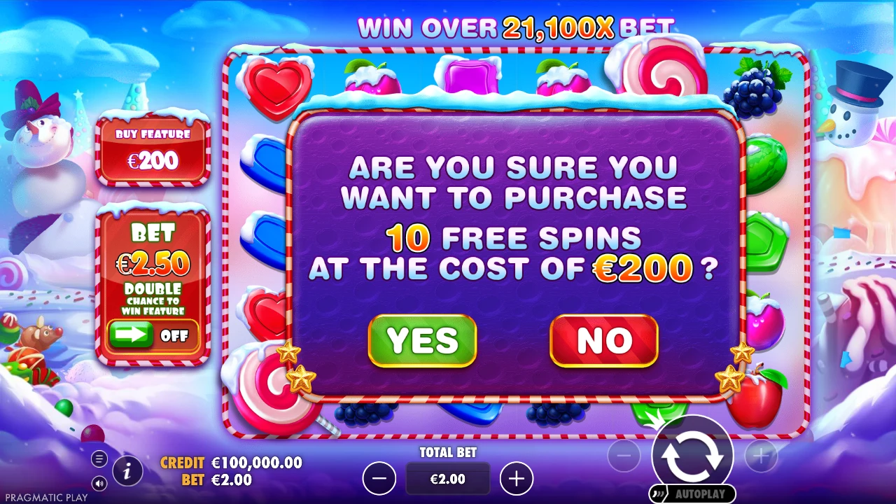 Sweet Bonanza Xmas Buy Feature popup - purchase 10 free spins directly