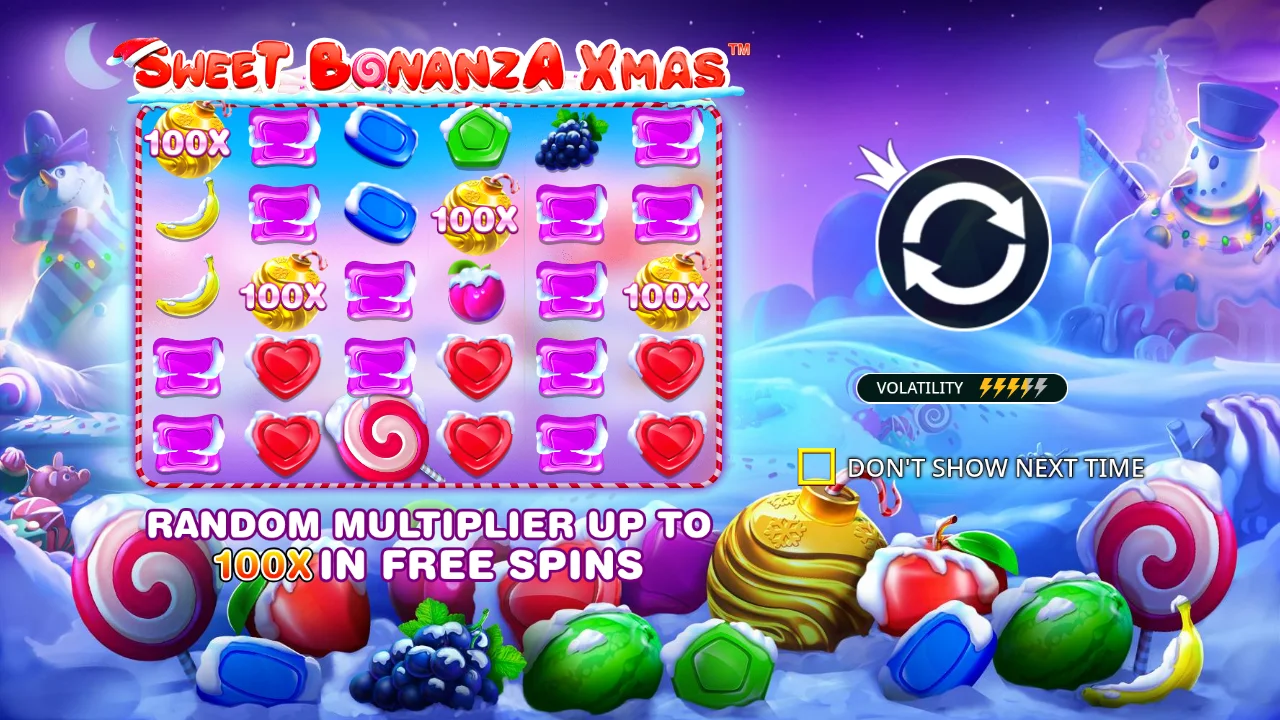 Sweet Bonanza Xmas welcome screen showcasing game features, symbols, and multiplier information