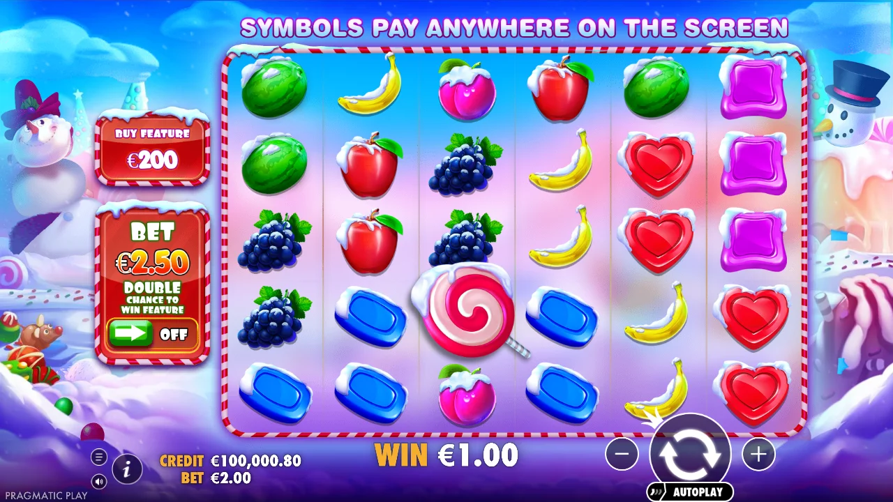 Sweet Bonanza Xmas winning spin showing symbol matches, multiplier bombs, and total payout calculation