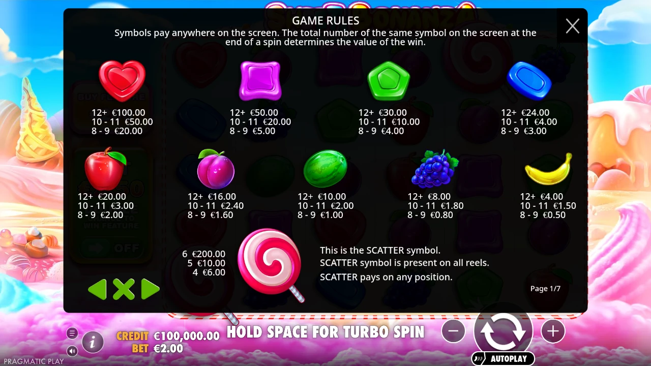 Sweet Bonanza reels showing various candy and fruit symbols on the 6x5 grid