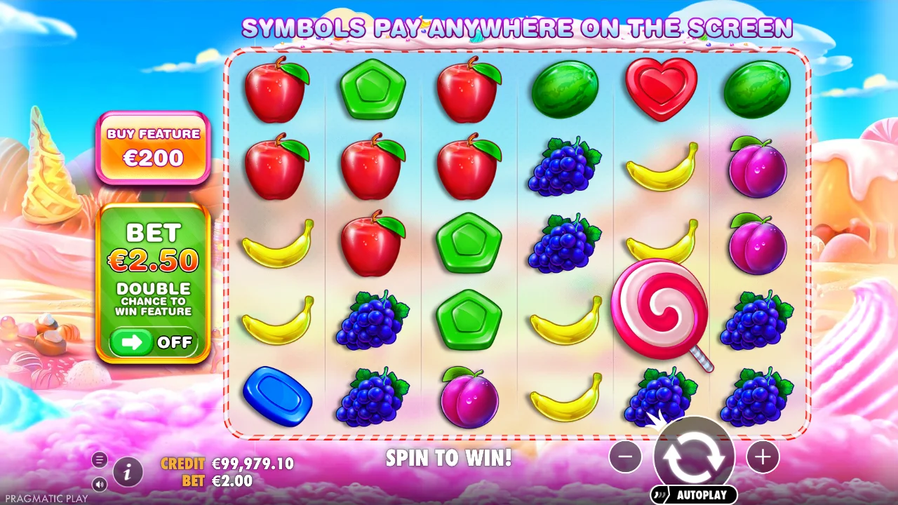 Sweet Bonanza winning combination with symbols disappearing during tumble cascade